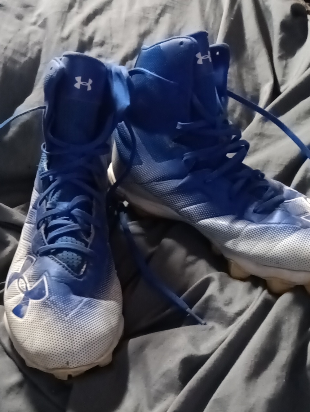 Under Armour Blue and White High-Top Football Cleats